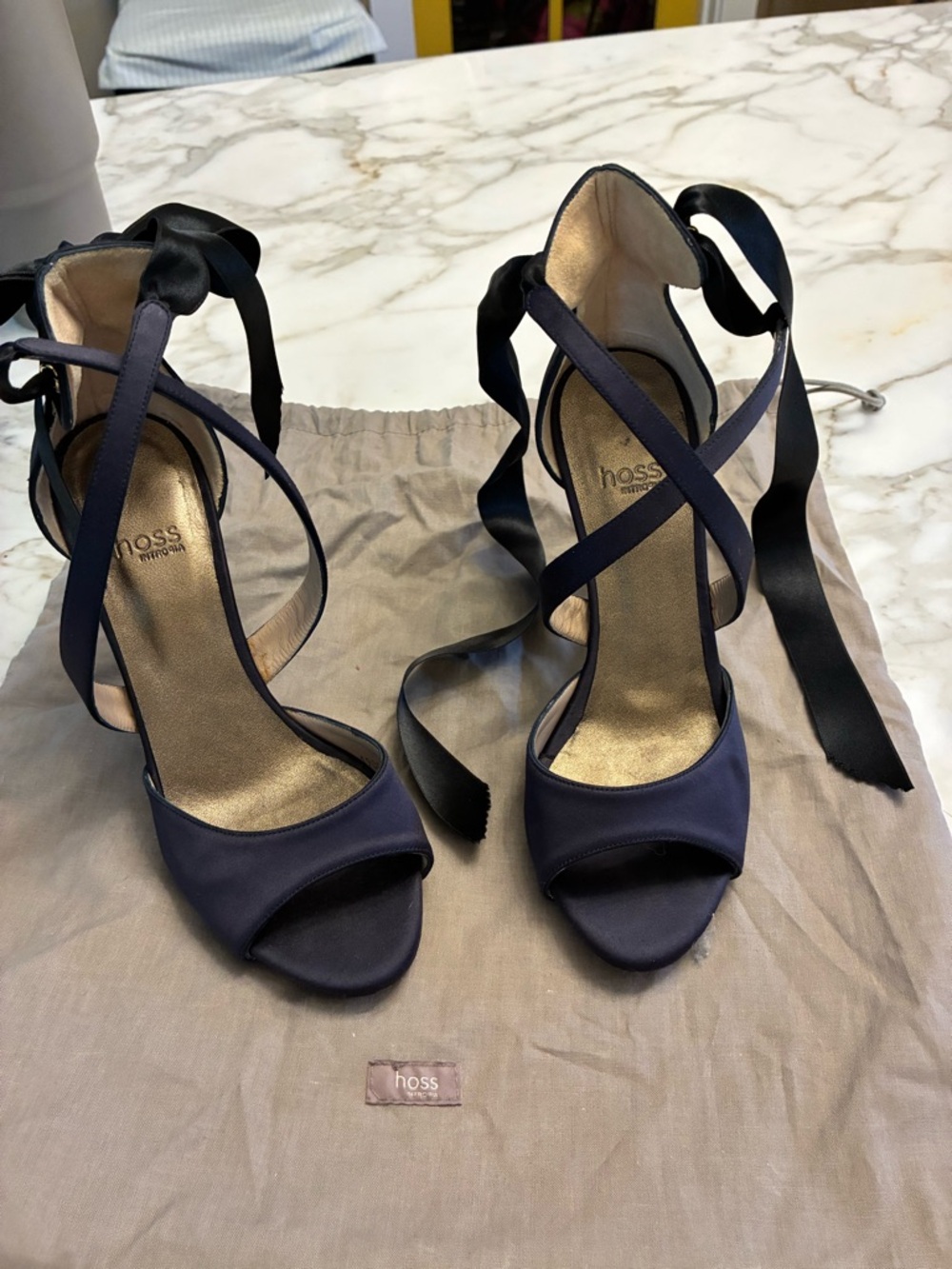 Hugo Boss Navy Satin Crisscross Ankle-Tie Stilettos